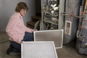 Natural gas furnace in the basement of a Midwestern home.