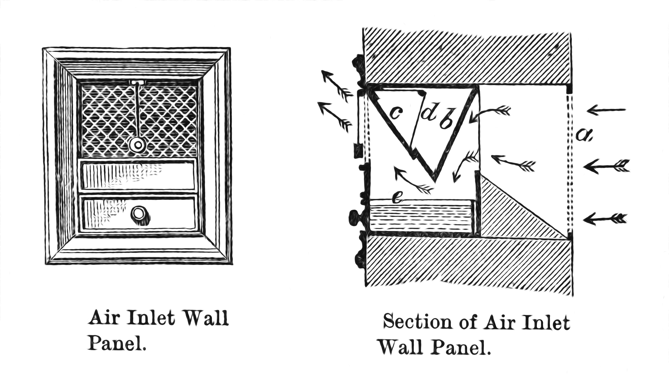 An old engraved illustration of an air inlet wall panel.