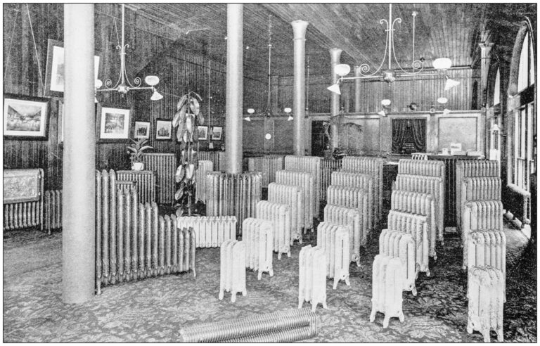 Antique photograph of radiators on the sales floor of a store in Boston, Massachusetts.